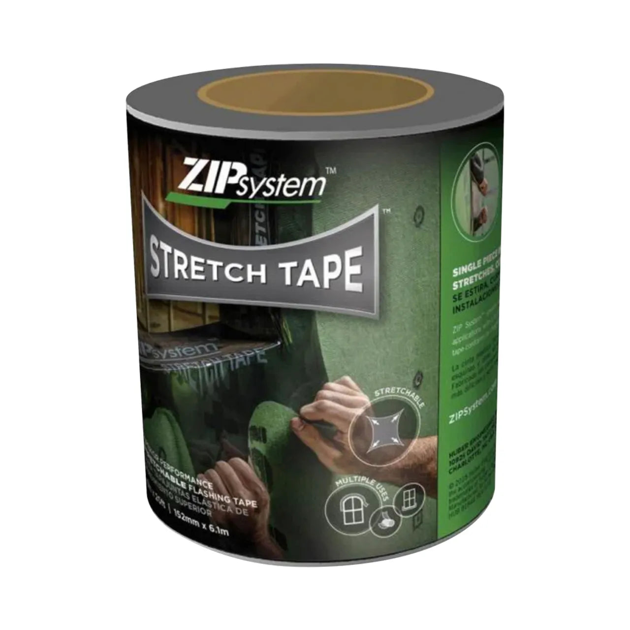 A roll of Go Build 6 in. x 20 ft. ZIP System Linered Stretch Tape is shown on the packaging, with a hand stretching the tape over a green surface and label images emphasizing its use for sealing and waterproofing seams.